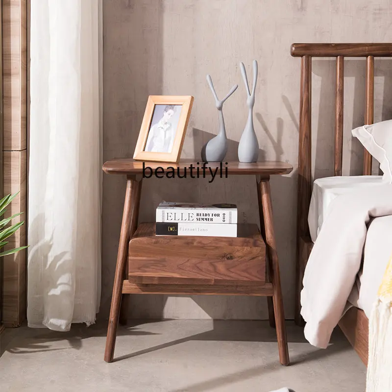 Прикроватная тумбочка из массива скандинавского дерева Мебель для спальни с выдвижным ящиком Из черного ореха Приставной столик для гостиной Угловой столик